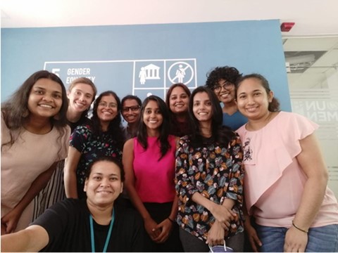 UN Volunteer Alejandra Alvite Pose (second on the left) with her colleagues at the UN Women Sri Lanka office 