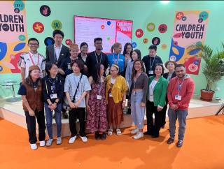 Serena Bashal (top row, fourth from right) is an international UN Youth Volunteer Adolescent and Youth Environmental Engagement Coordinator with the UN Children’s Fund (UNICEF) East Asia and Pacific Regional Office. At COP27, she co-organized the Asia-Pacific youth gathering at the Children and Youth Pavilion, bringing together youth delegates from across the region.