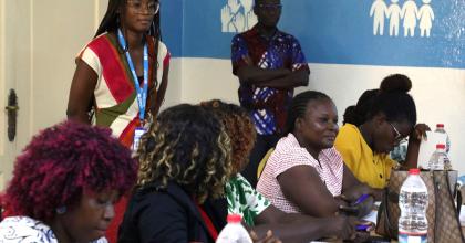 Kátia Bampoky (left) UN Volunteer Inclusive Health Care Officer with UNICEF during a training session for health workers in Bafatá.