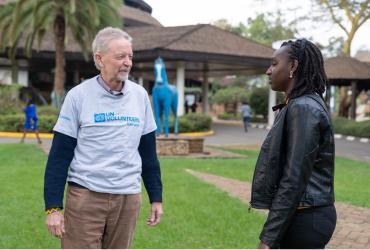 UN Volunteers Charlie Bartlett (left) and Caroline Kamau (right) interacting during the Capacity Development and Learning Facility (CDLF) 2022 training organized by UNV Kenya Office at Safari Park Hotel, Nairobi. 