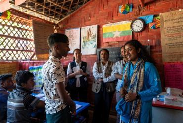 Asfia Tarannoom (first right) is a UN Volunteer Education Officer with UNICEF in Bangladesh.  Here she interacts with students in a learning center in Rohingya camp in Cox’s Bazar. 