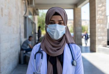 Refugee UN Volunteer Medical Doctor Basma Abdullah, serving with UNHCR at Al-Hussein bin Abdullah II hospital in Balqa, Jordan.