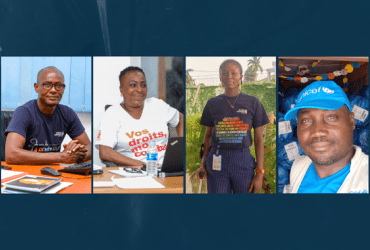 (From left to right) Georges Kpadenou, Celestine Amoin Kouakou, Adam Sacko, and Vincent Bohouo are UN Volunteers who make the United Nations system in Côte d'Ivoire more inclusive.