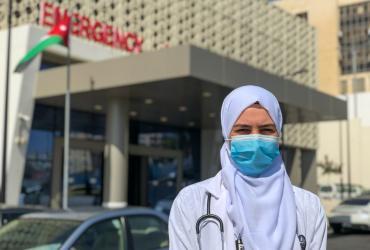 Refugee UN Volunteer Medical Doctor Israa Haqqi (Iraq), serving with the emergency team at Al-Bashir Hospital in Amman, Jordan.