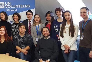 Yurii Chernukha, national UN Volunteer (first from right) with fellow UN Volunteers in Ukraine.