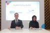 Jason Pronyk (left), UNV Regional Manager for Arab States, Europe and CIS, and Maytha Al Habsi (right), CEO of Emirates Foundation, signing the Memorandum of Understanding