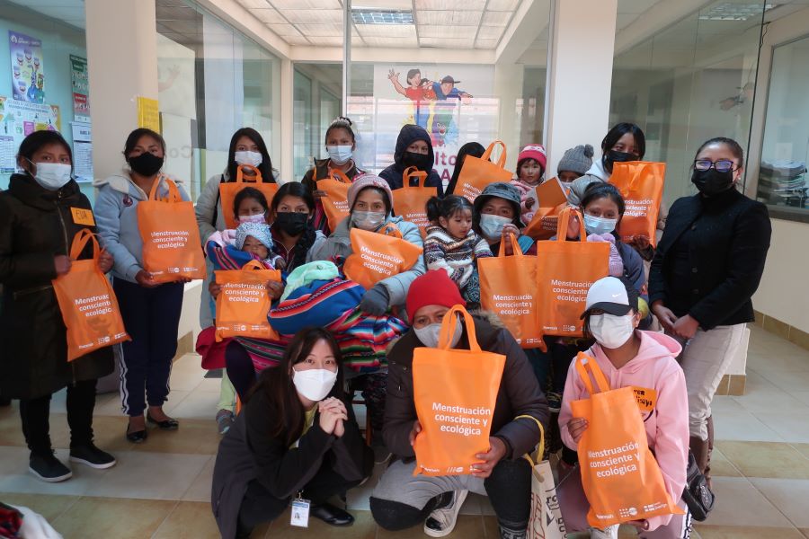 Participants received Hannah kits as part of the menstrual health and hygiene activities. UN Volunteer Monitoring and Evaluation Specialist, Mina Lee, is seen on the right. 