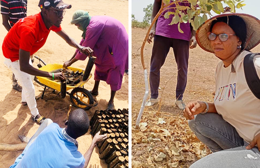 Amadou Fall (left), UN Community Volunteer Community Liaison Officer in Lougere Thioly, preparing nurseries for reforestation. UN Community Volunteer Fatoumata Ka (right) sensitizing communities in Diounto Village on the reforestation and plant nursery production.