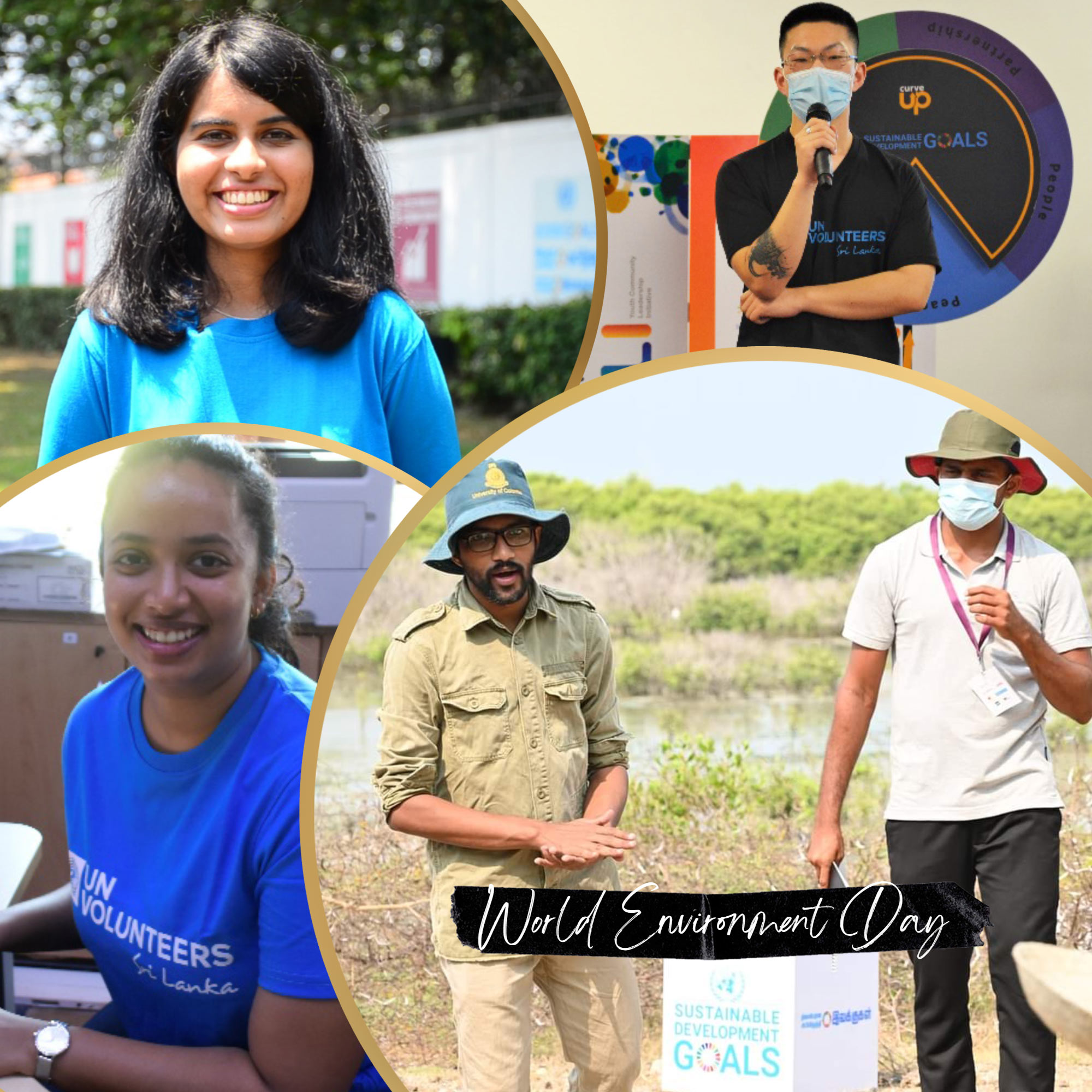 From top right clockwise, Xiaohua Feng, national UN Volunteer with UNDP Sri Lanka, Edison Marynathan, V-Force Volunteer (right), while lecturing on wetlands, coastal ecosystems and migrant birds to Vankalai Wetland stakeholders, Thevuni Halangode, national UN Volunteer Project Coordination Assistant and Dinithi Subasinghe, national UN Volunteer Project Assistant, both with UNDP in Sri Lanka.